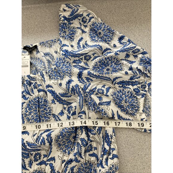 Talbots Trellis Peplum Puff Sleeve Blouse Women Large Blue White Floral Smocked - Picture 6 of 7